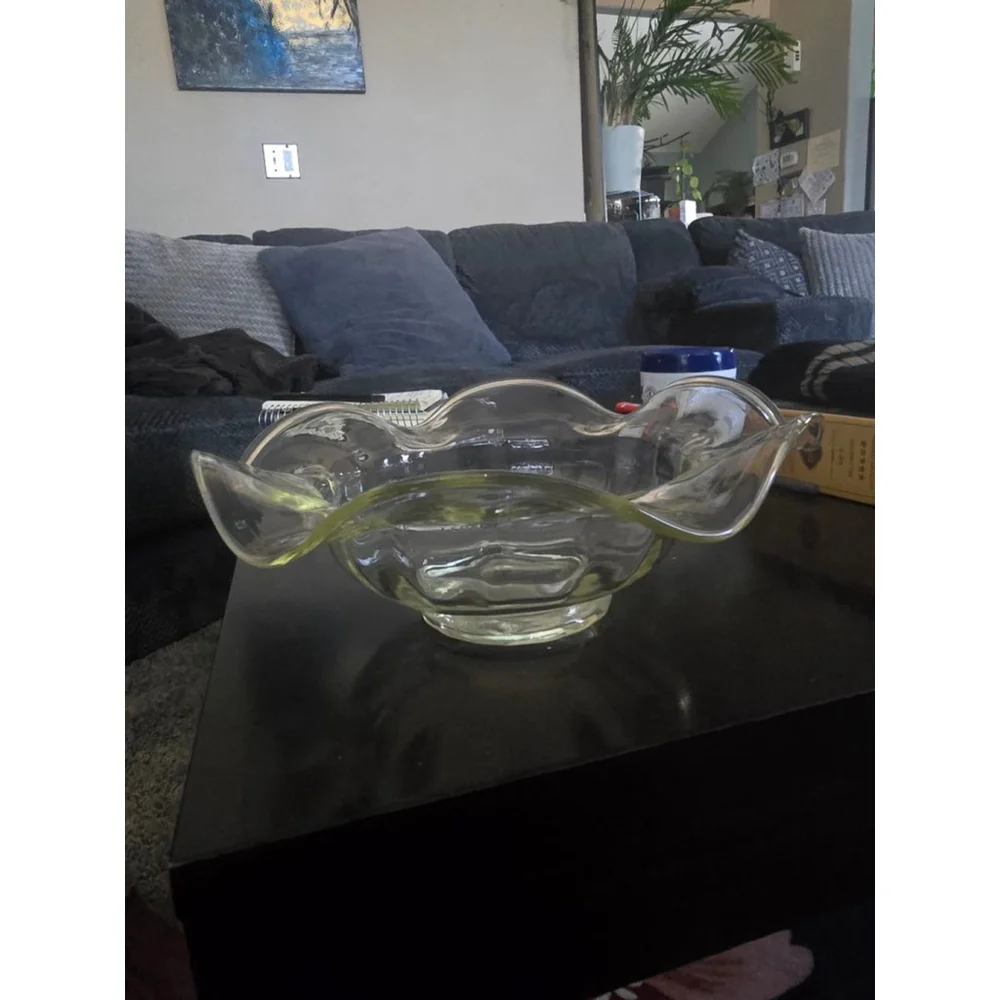 Vintage Depression Glass Yellow Tint Wave Serving Bowl Decor Bowl